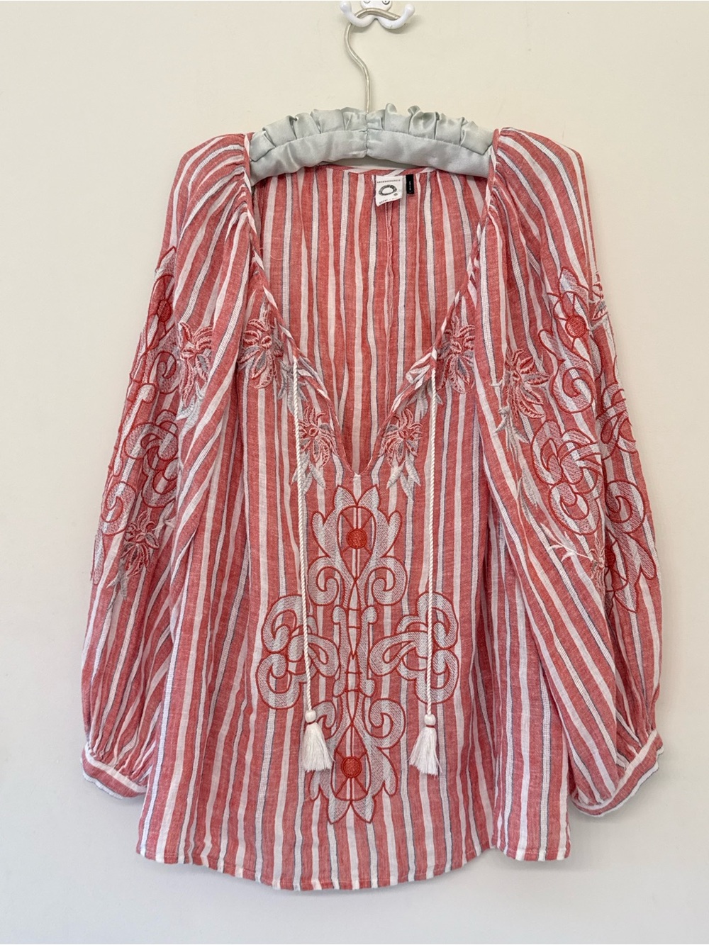 Anthropologie Red and White Striped Embroidered Peasant Tunic